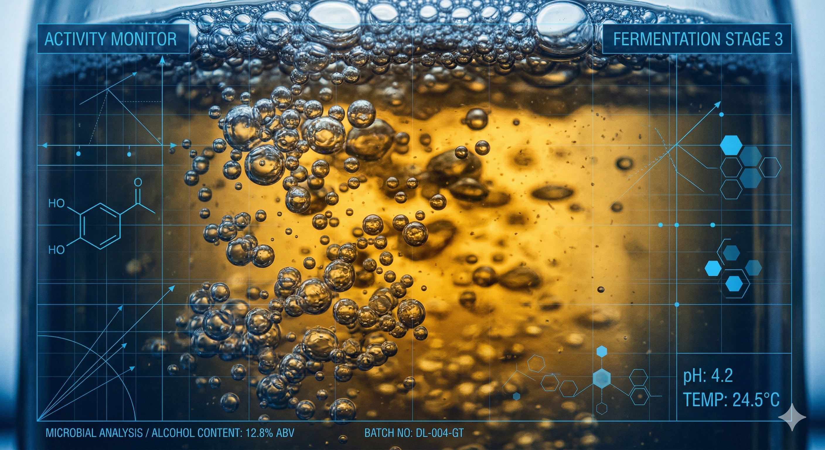 Abstract macro shot of golden liquid fermentation bubbles with a clinical scientific blue overlay