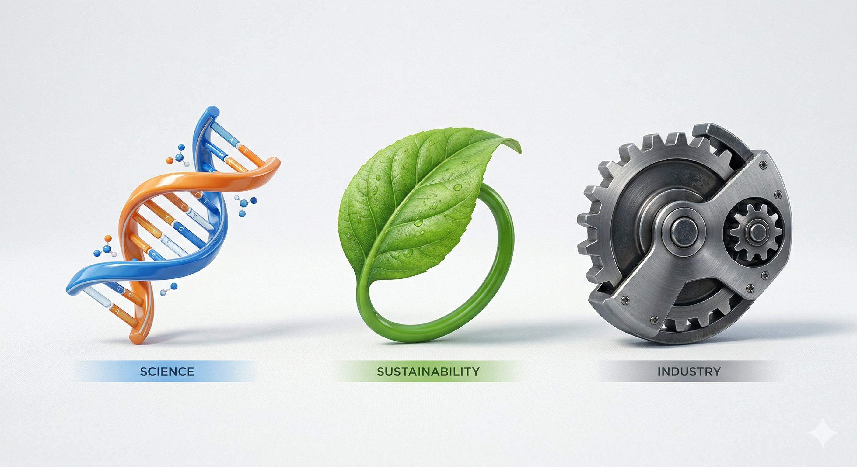 Three-pillar graphic: DNA double helix for science, green leaf for sustainability, and industrial gear for precision