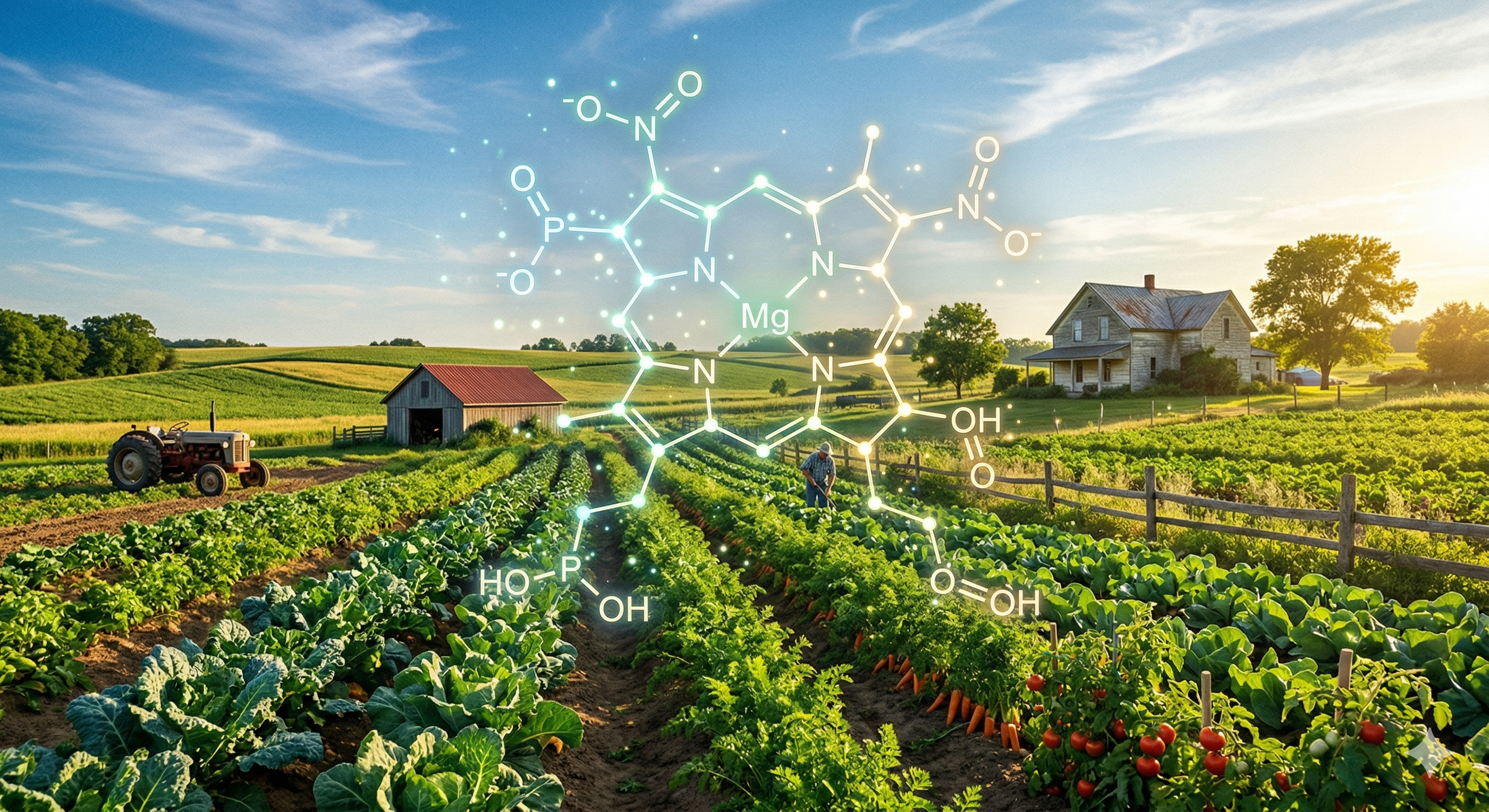 Healthy sun-drenched farm scene with subtle overlay of a microscopic nutrient molecule in high contrast
