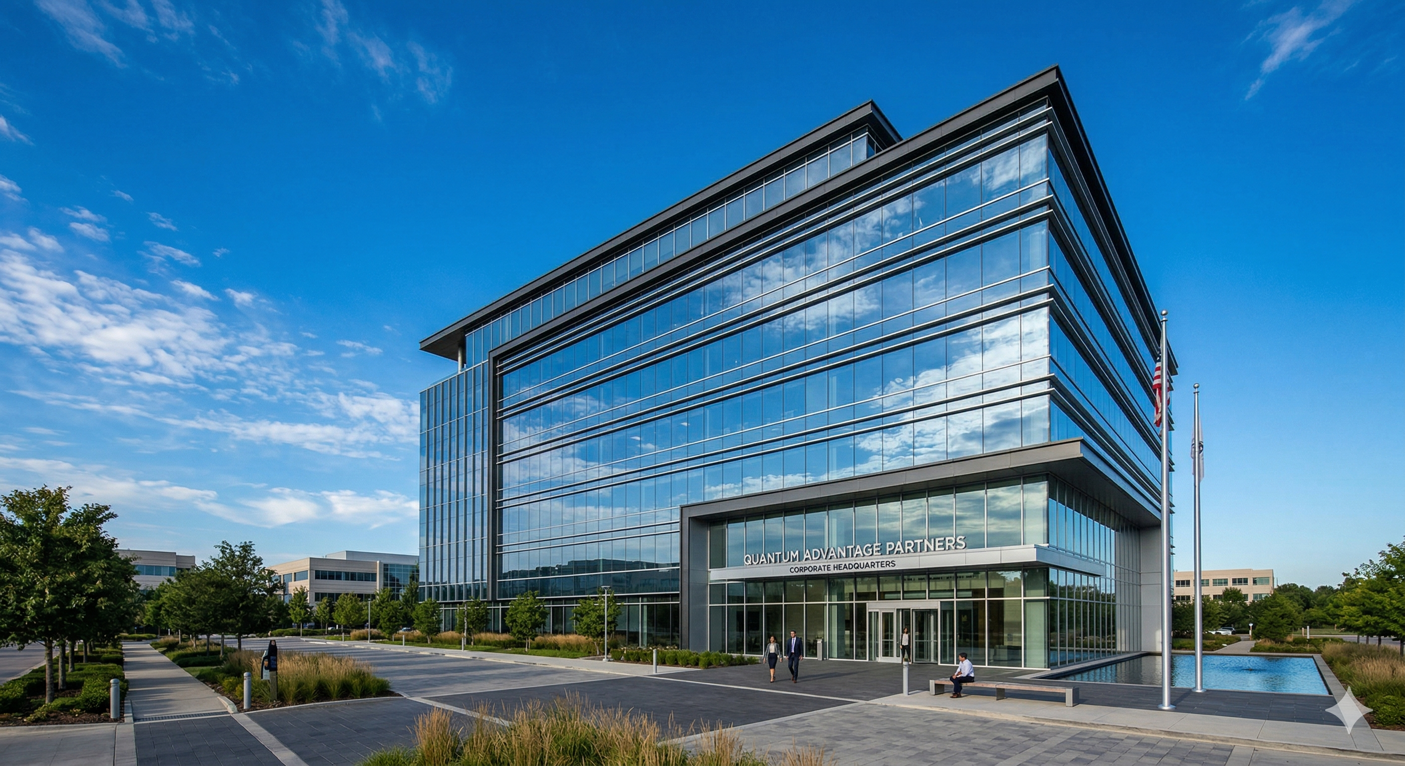 Modern AB Bioscience corporate headquarters with glass facade reflecting clean blue sky