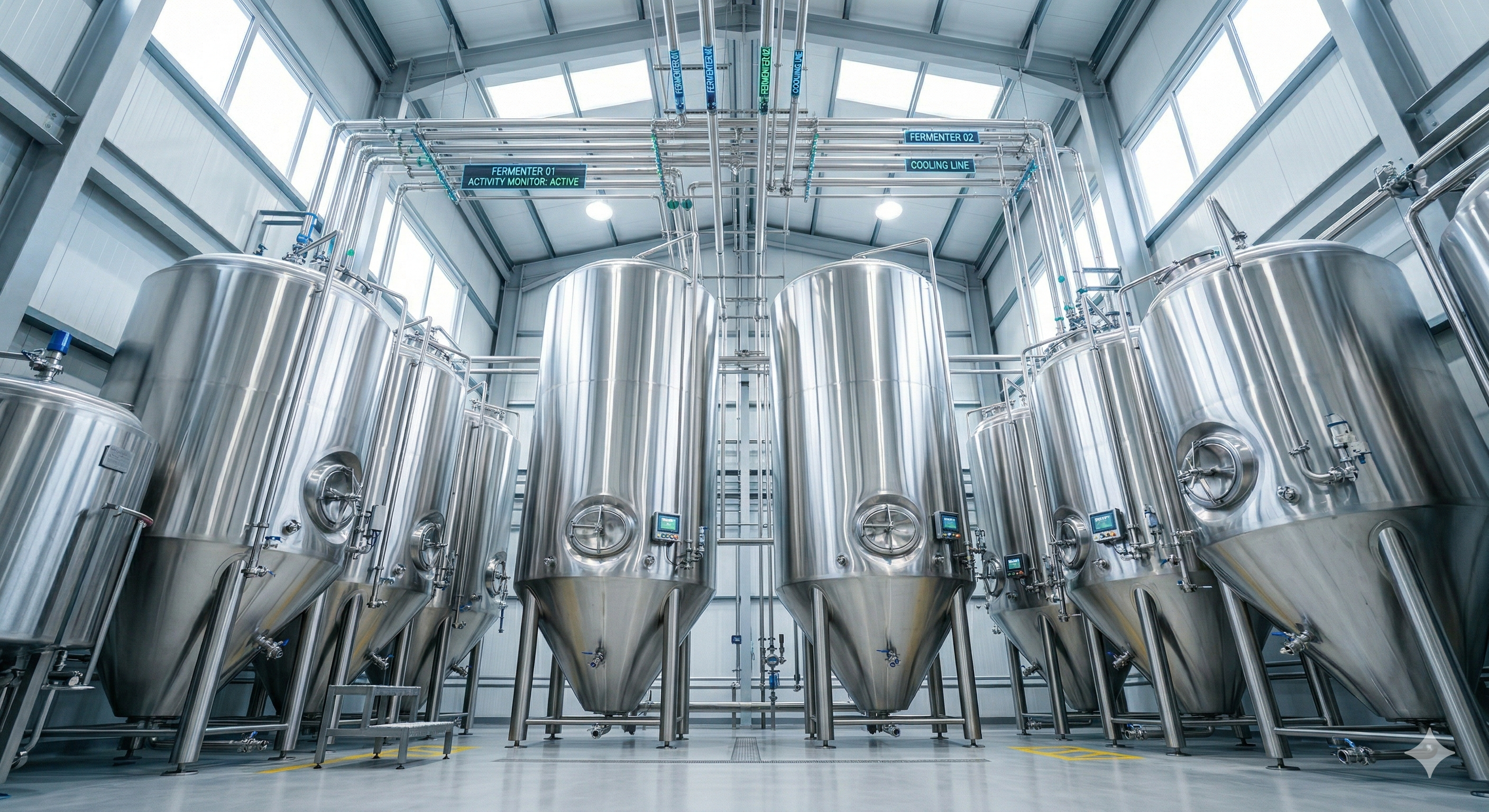 Polished stainless steel fermentation tanks in a clean brightly lit industrial facility — perspective shot looking up