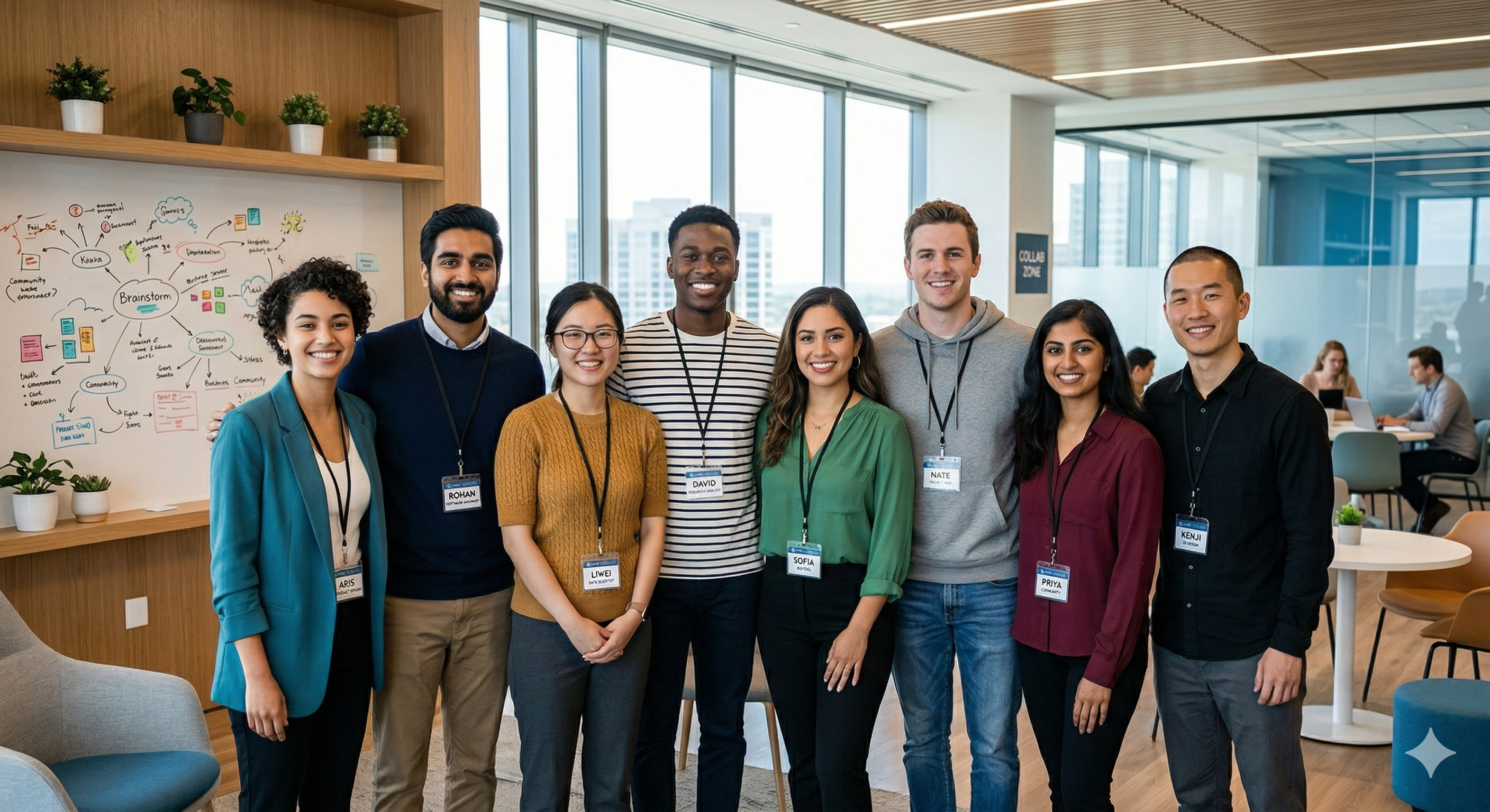 Diverse group of young AB Bioscience professionals in a modern sunlit collaborative workspace, smiling and confident